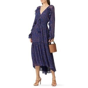Figue Alessia Dress Floral Boho Smocked Ruffle Long Sleeve Midi Blue Purple XXL